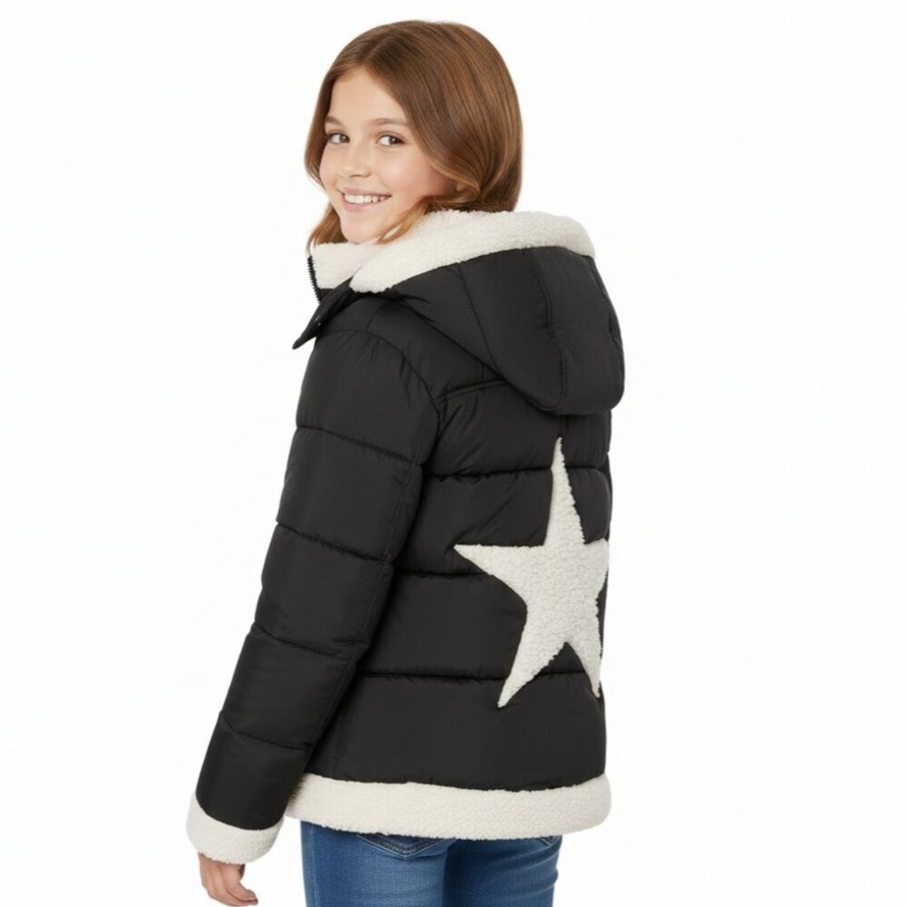 Sam Edelman Girls Star Puffer Coat Jacket Sherpa Hooded Black Size S (7/8)